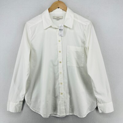 LOFT Shirt M Relaxed Pocket Button Front Long Sleeve Cotton Blend White NEW