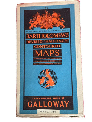 Vintage Bartholomew's Half Inch Paper Map, Sheet 37, Galloway. 1947