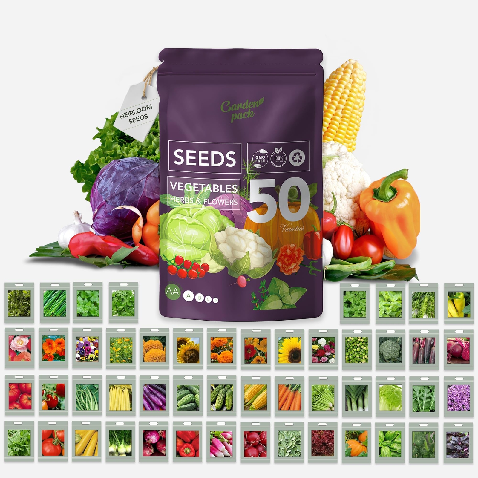 Seeds Pouch - 50 Varieties of Herb, Flower & Vegetable Seeds for Planting - 2...