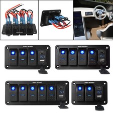 2/3/4/5 Gang LED Rocker Switch Control Panel Voltmeter 2 USB Charger Boat Marine