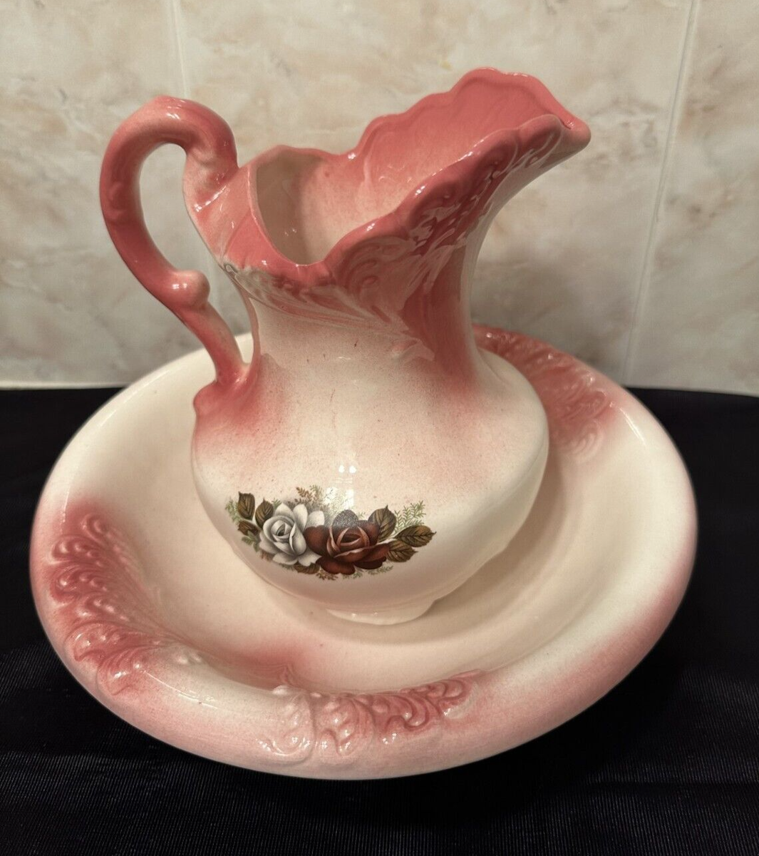 Vintage Elegant Wash Basin Water Pitcher and Bowl with Pink Floral Made in  USA, image size:1065x1200