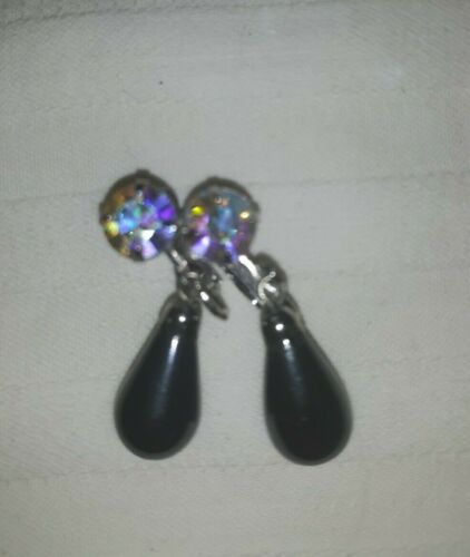Vtg SARAH COVENTRY SIGNED SilverTone AB Irid. & Gunmetal Grey Clip On Earrings - Picture 3 of 8
