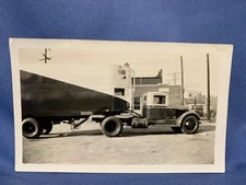 Semi Truck & Trailer Fruehauf Parked by Police Station Vintage Photo 1930-40's