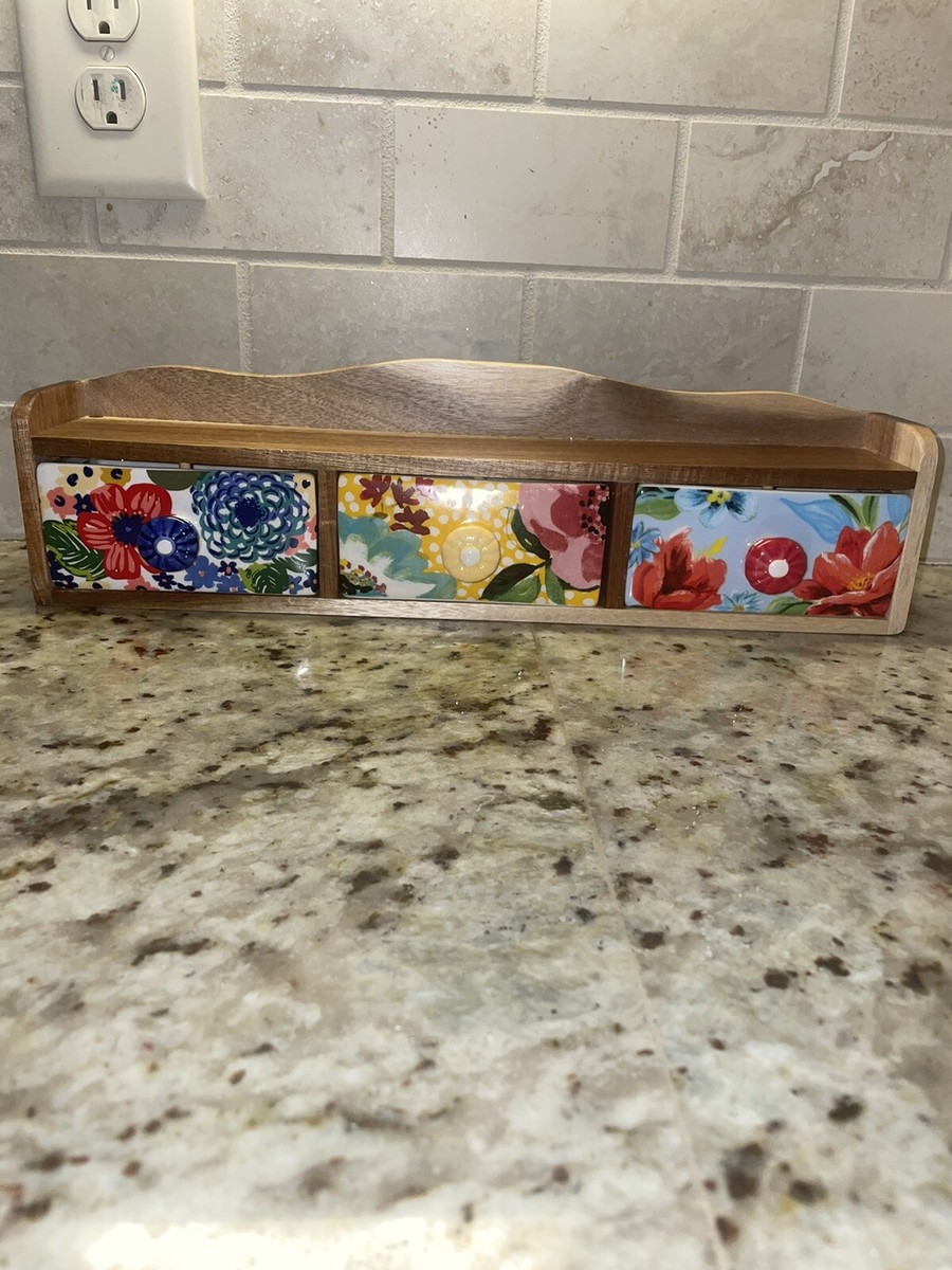 Pioneer Woman Spice Rack Wood Shelf Ceramic Drawers Floral Melody
