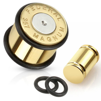 Pair of Gold IP Large .357 Bullet 316L Surgical Steel Plug with O-rings E104