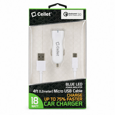 Cellet 18W Qualcomm Quick Charge 2.0 Car Charger with 4ft Micro USB Cable White