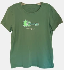 Life is Good Women’s Crew Neck T-Shirt, Green/Guitar Graphic, Size L, Great Cond