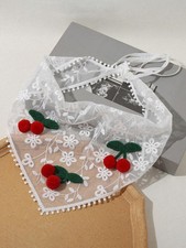 White Lace Triangle Headband With Cherry Pom Poms One Size