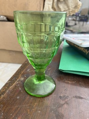 This item is a Hazel Atlas Colonial Block Green Depression Glass water goblet, t