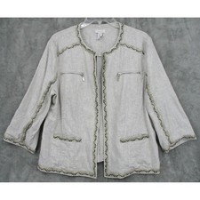 Chicos Jacket 2 US Large Linen Snake Trim Lightweight Career Classic Office Tan