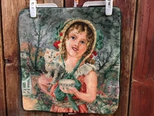 New Wool Needlepoint Throw Pillow Cover Girl Holding Kitten &cup of milk. 18”x18