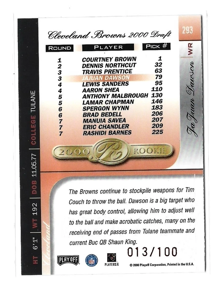 2000 Playoff Prestige JAJUAN DAWSON Rookie Spectrum Red Cleveland Browns 13/100 - Image 2 of 2