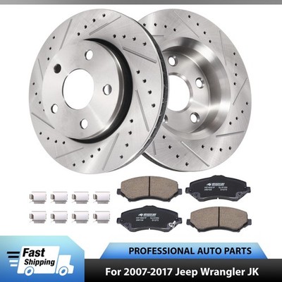 Front Drilled Disc Brake Rotors Ceramic Pads Kit for 2007 - 2017 Jeep Wrangler