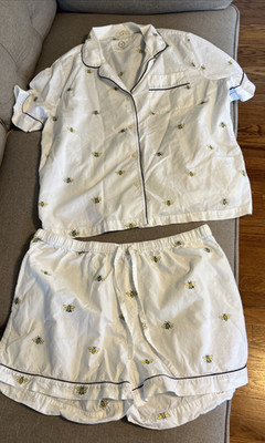 Print fresh Pajama Set Bees Embroidery White Shorts/Short Sleeve Top size L