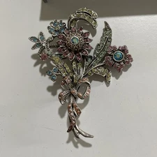 Vintage Large Sweet Romance USA Layered Flower Bouquet Bow Pastels Pin Brooch