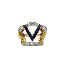 One of a Kind Diamond and Sapphire Platinum & Gold Antique "V" Ring