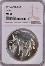 1975 Zaire Silver 5 Zaires Okapi Conservation NGC MS66. Very Tough in MS Format!