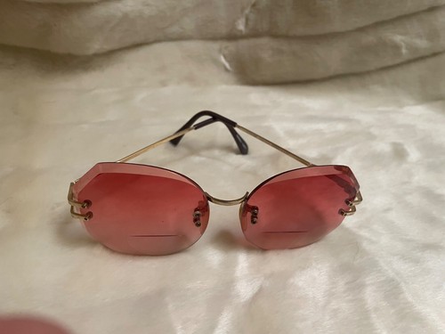 Vintage Gold Tone Rose Pink Tinted Beveled Eyeglasses Frames Readers +2.25 - Picture 14 of 16