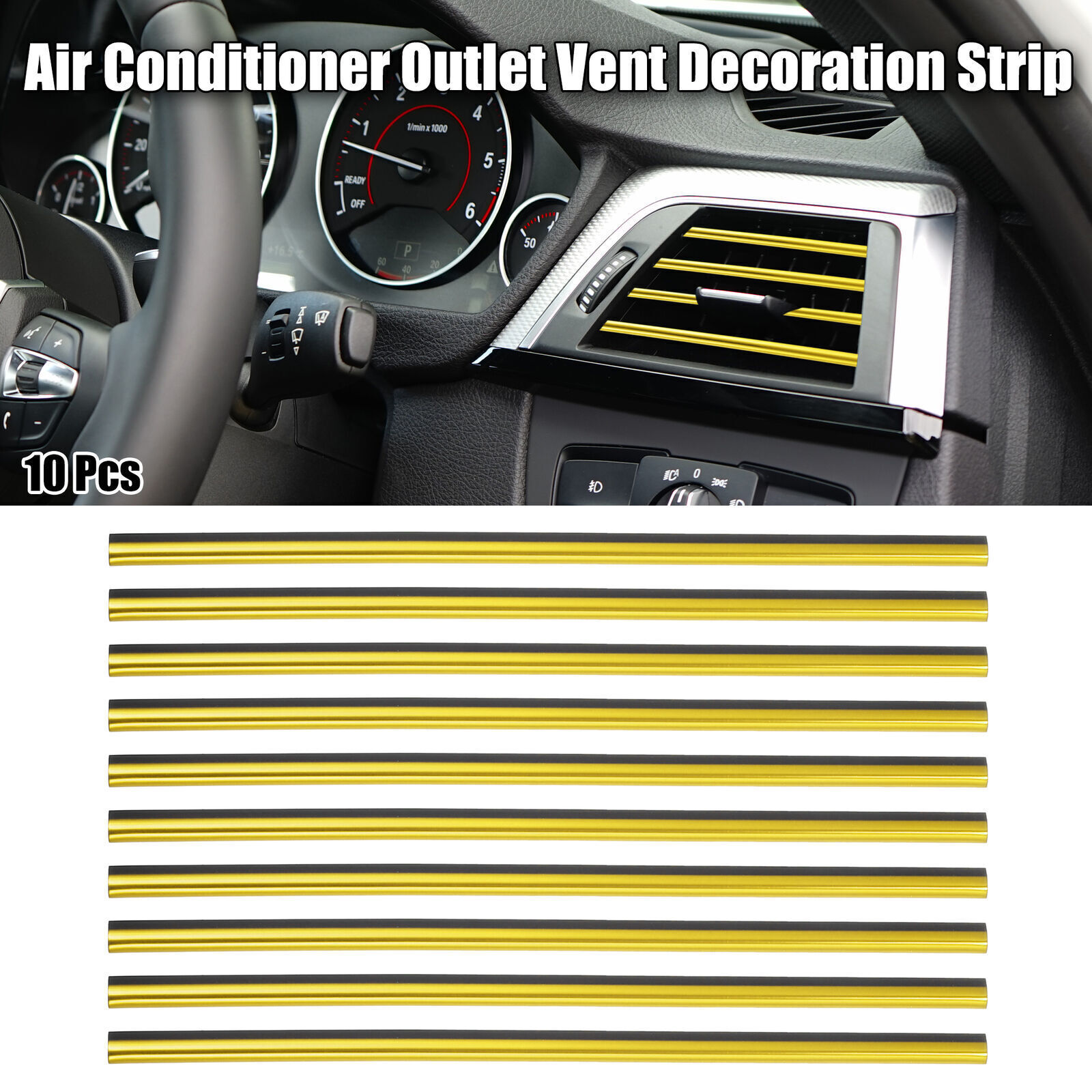 10pcs Car Accessories Air Conditioner Outlet Vent Decoration Strip Gold Tone