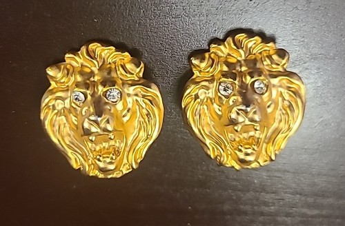 Vintage Löwenkopf Aufsteck Ohrringe goldfarben Strasssteine