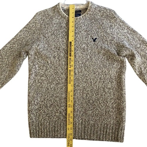 American Eagle Ragg Wool Sweater Mens Size M Preppy Oatmeal Marl Knit Crewneck - Picture 9 of 11
