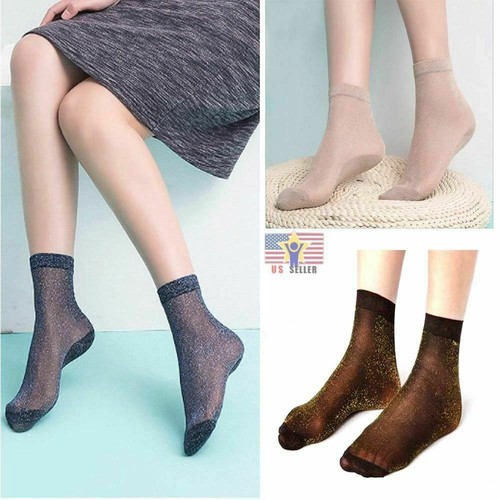 Women Soft Silk Short Shiny Transparent Elastic Hosiery Socks Coffee Silver - Picture 3 of 3
