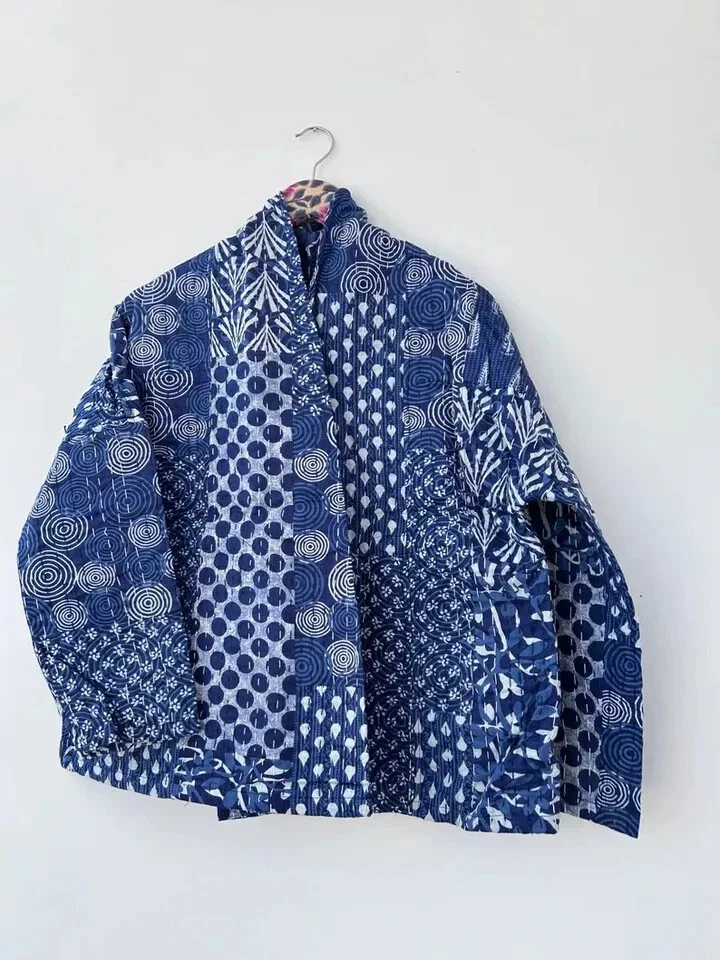 Handmade Cotton Kantha Quilted Indigo print Short Kimono jacket Indian jacket
