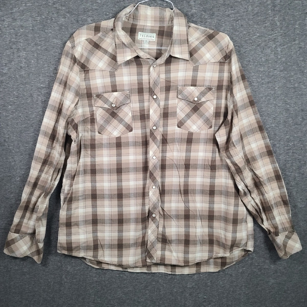 Tecovas Mens 2XL Beige Brown Plaid Button Up Rancher Pearl Snap