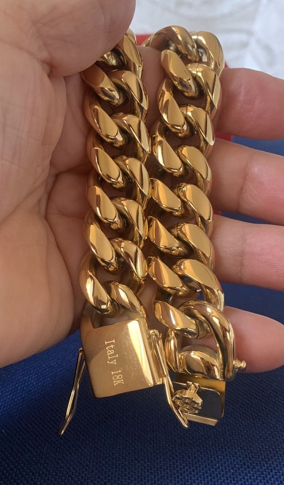 Engraved Italy 18k Gold filled men heavy Miami cu Ban bracelet Link
