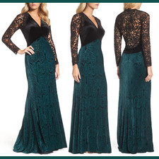 NEW Tadashi Shoji PLUS 18W V-Neck Velvet Illusion Gown in Black/Forest F834