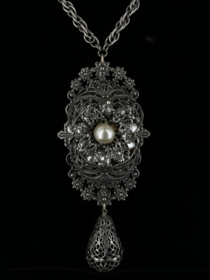 Vintage Miriam Haskell Silber Aufwendig Filigran Barock Perle Anhänger Halskette