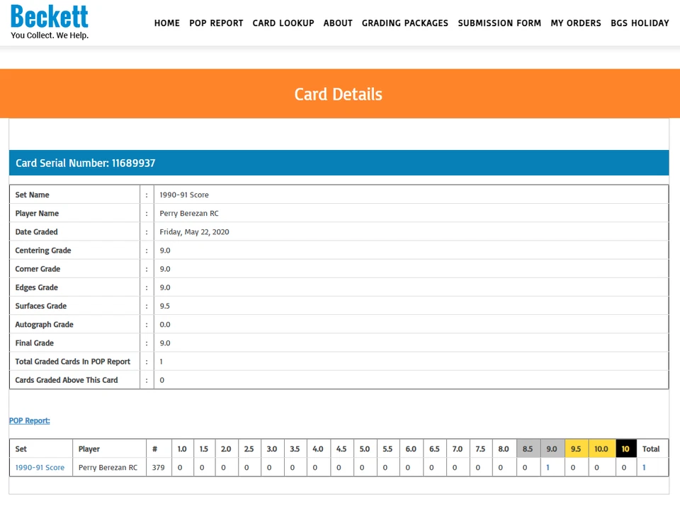 POP 1: Perry Berezan RC BGS 9: 1990-91 Score Rookie Card Gisto #379 - Image 3 of 3