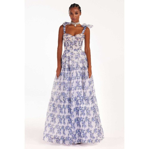 Women Grace Floral Print Off-the-shoulder Dress Bow Swing Slip Skirt Party Gown - Picture 8 of 25