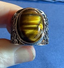 Tiger's Eye Genuine Gemstone Ring Size 9, Natural Stone Impressive Engraved Band