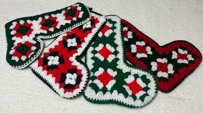 Vintage Crocheted Granny Square Cottage Core Christmas Stockings Set Of 4