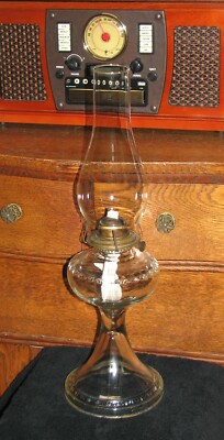 Antique Eagle P & A Clear Glass Pedestal Oil Lamp with tall Chimney 20'' #124