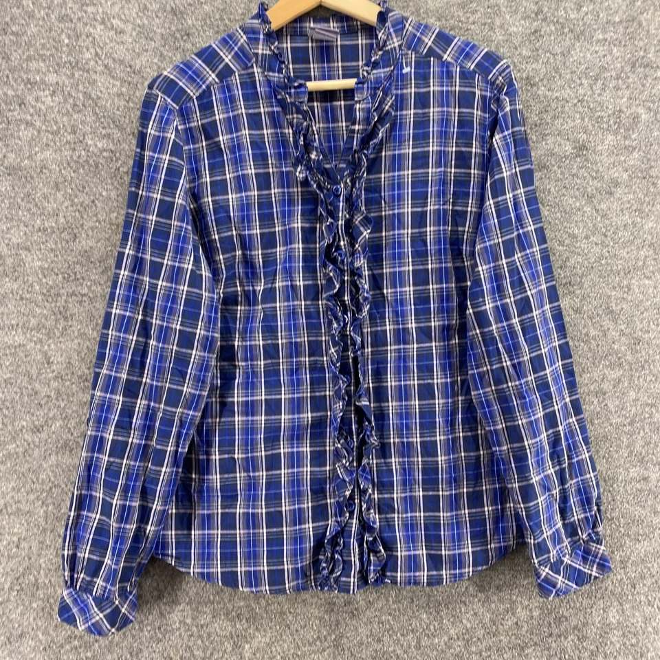 Camisa Laura Scott Mujer M Mediana Azul A Cuadros Abotonada Cuello en V Manga Larga Algodón Foto 4 de 4