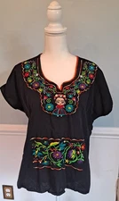 L/XL Black Made In Mexico Embroidered Top With Baby Frida Kahlo Pullover Top