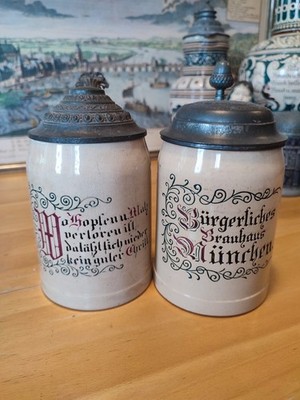 2 Bierkrüge Merkelbach & Wick 0,5L Bürgerbräu München Zinndeckel Paar