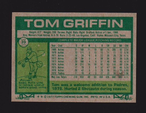 1977 TOPPS #39 Tom Griffin SAN DIEGO PADRES EX-MINT ( Stain ) B - Picture 2 of 2