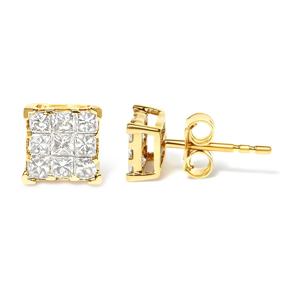14K Yellow Gold 1/2 Cttw Invisible Set Princess Diamond 9 Stone Square Earrings - Image 3 of 4
