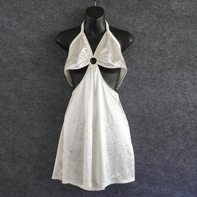 H&M Divided White Satin Halter Mini Dress XL Cut Out O-Ring Y2K Party Festival