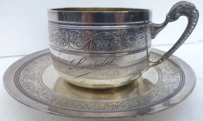 TASSE à CAFÉ Thé Gravée LOURDES Métal Argenté Poinçon Marteau Losange SOUS TASSE - Photo 1/4