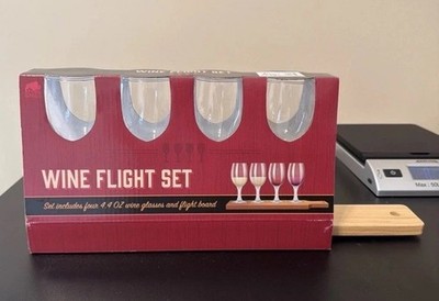 Wine Flight Set 4 Glasses Each Holds 4.4 Oz on Flight Board New OP