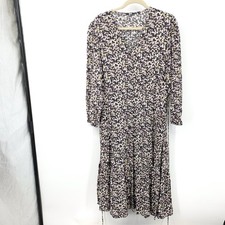Uniqlo Women Size Large Dress Button Front Black Pink Floral Long Sleeve Tie Mid