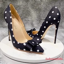 Women Satin Polka Dot Pointed Toe Pumps Stiletto High Heels Party Evening Shoes