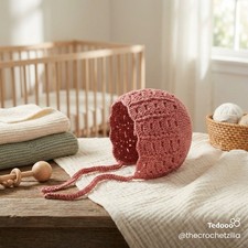 baby bonnet 6-9mo - Hand Crochet - Beige Vintage Style