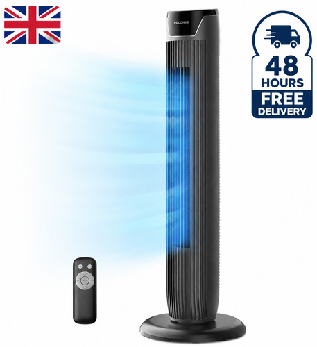 PELONIS 75° Oscillating Tower Fan with Remote, 6m Long Distance & 5 Speeds  Grey