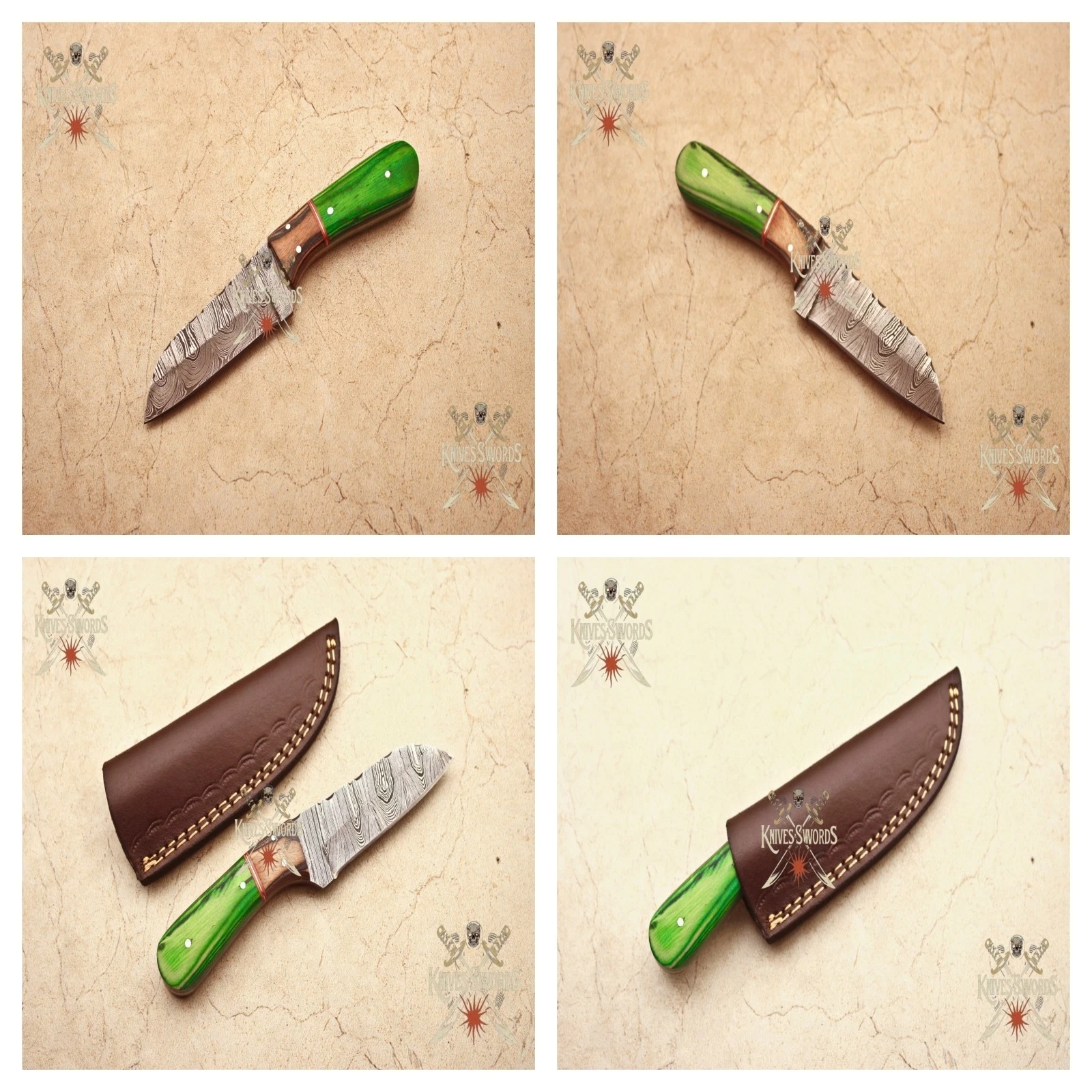 Handmade Damascus Steel Hunting Knife Green Wood Handle Leather Sheath Full Tang
