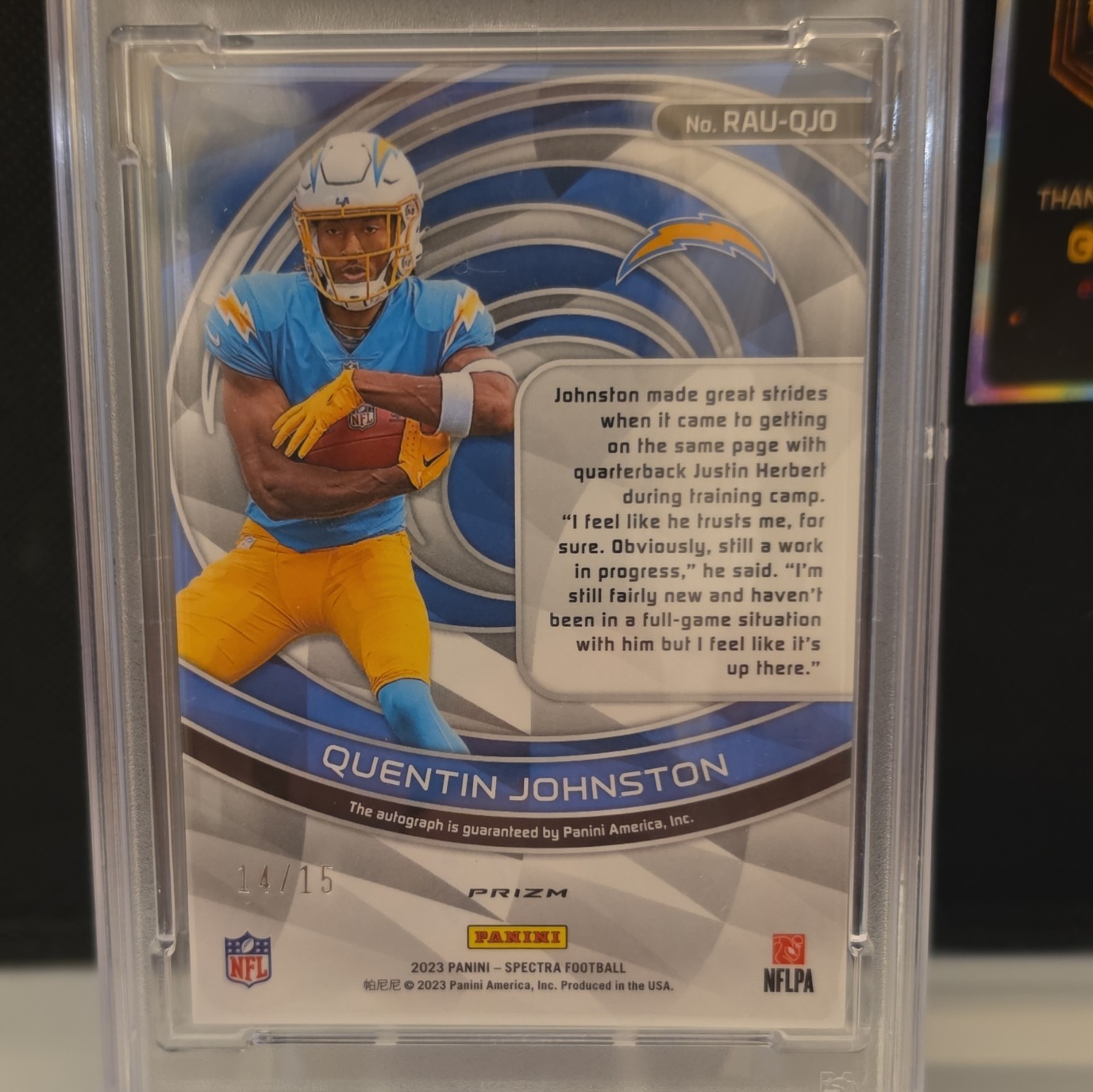 Panini 2023 Spectra Quentin Johnston Chargers RAU-14 Neon Pink /15 PSA 10, POP 1 view 4